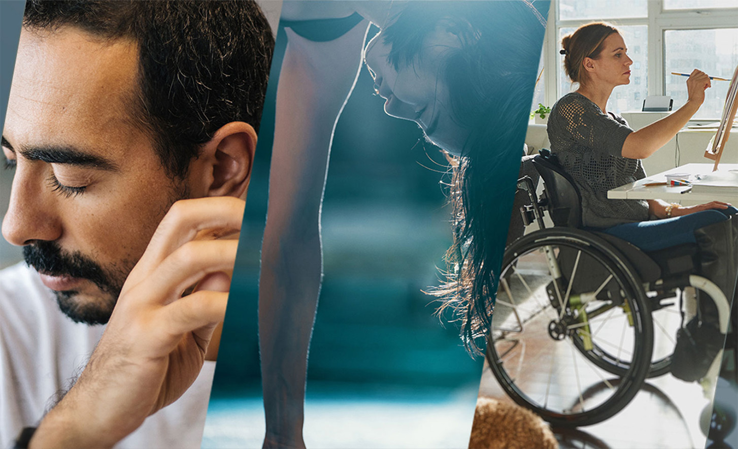 Tiga gambar yang digabung, menampilkan orang dengan mata tertutup, orang sedang melakukan handstand, dan orang di kursi roda sedang melukis di atas kanvas.