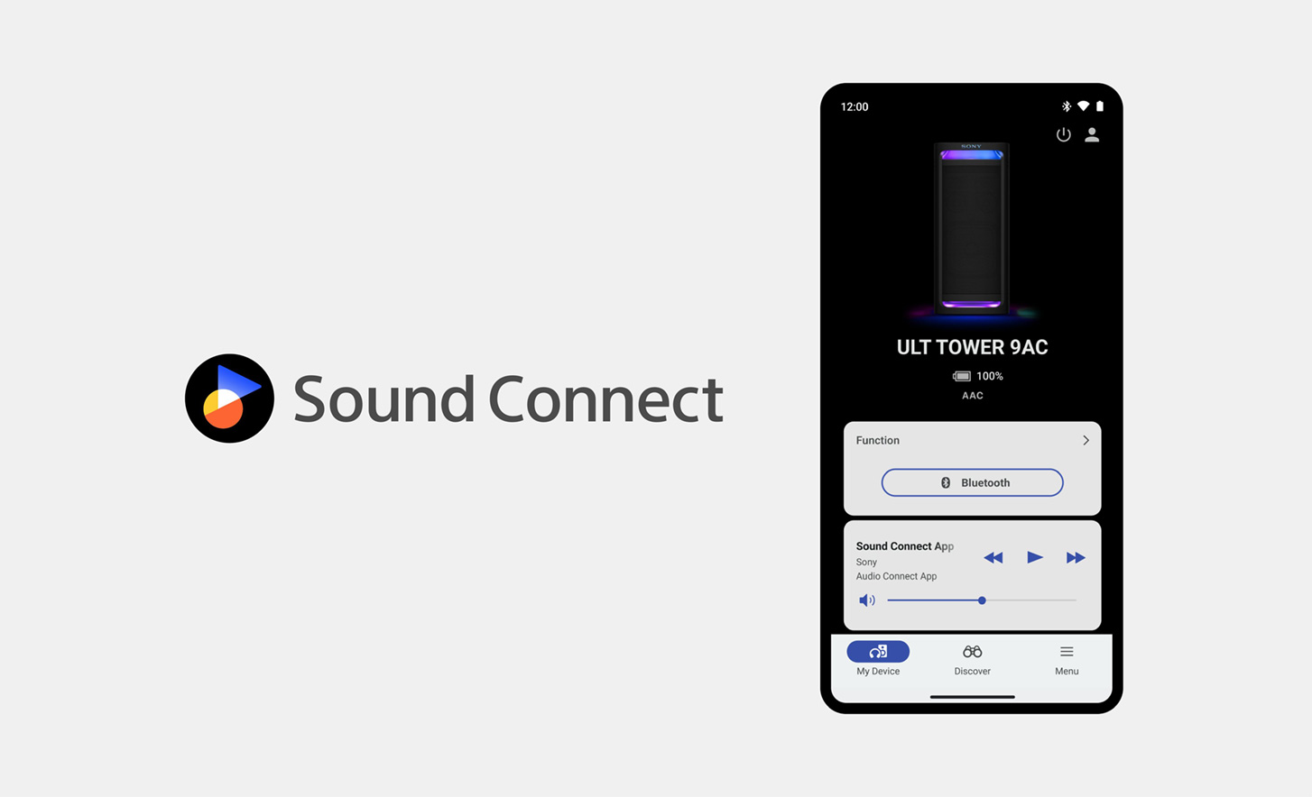 Logo Sound Connect di sebelah gambar telepon seluler dengan Aplikasi Sony Connect terbuka dan sedang digunakan terlihat pada layar