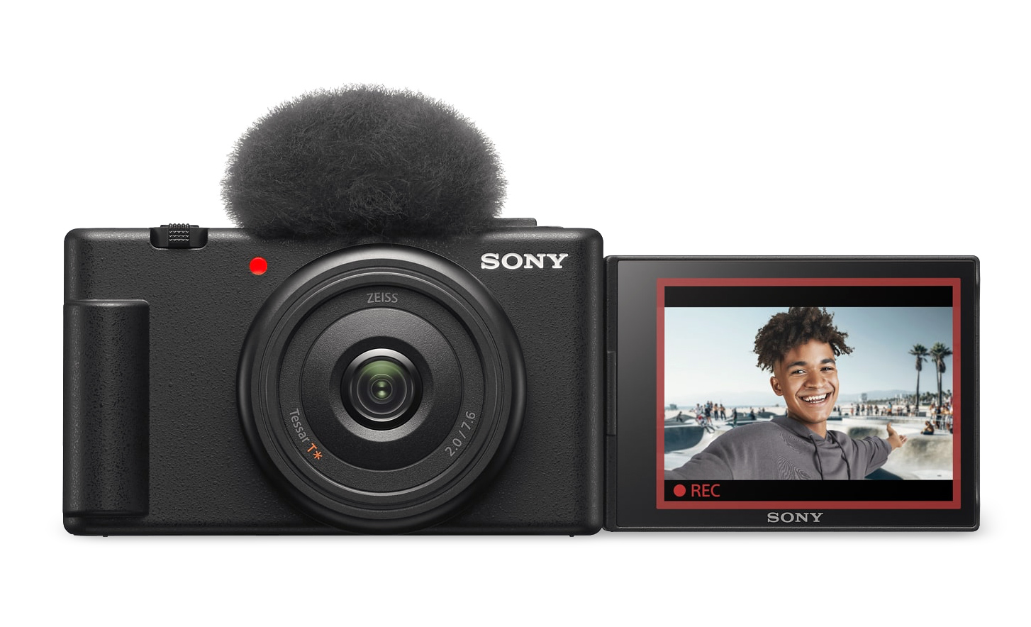 Gambar ZV-1F dengan layar angin terpasang dan layar tampilan terbuka